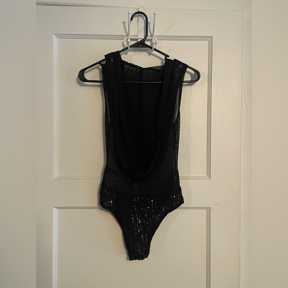 New Black Sheer Sequin Hooded Bodysuit